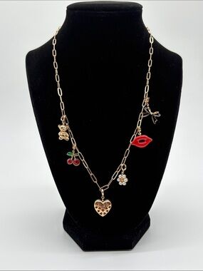 Gold Paperclip Chain Charm Necklace Red Lip Cherry Heart Statement
